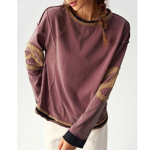 Cozy Peace Patch Oversized Reverse Stitch Color Block Top - Picture 9 of 16